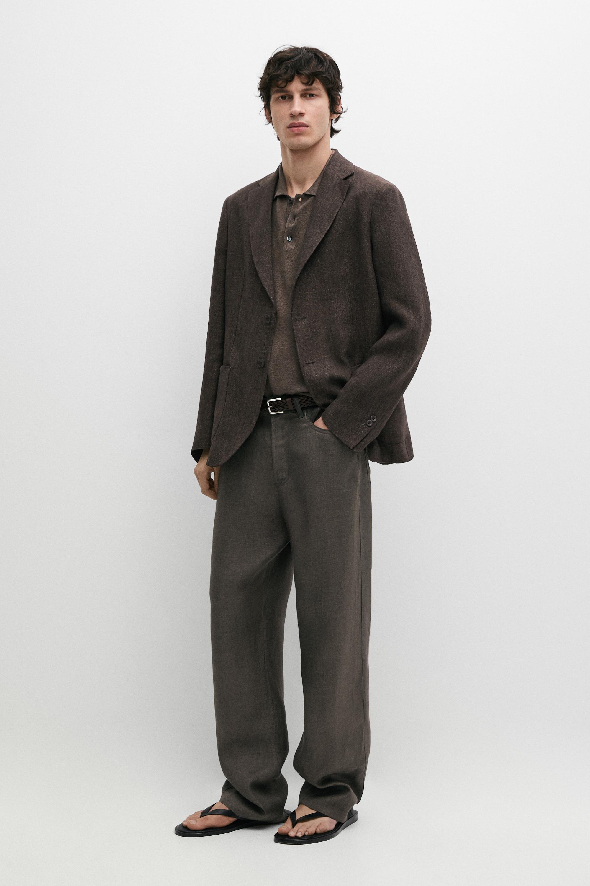 Linen semi-jogger fit denim-effect trousers